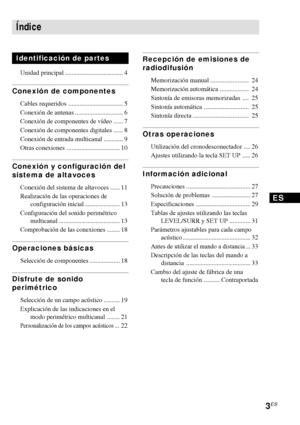 Page 753ES
Índice
Identificación de partes
Unidad principal .................................... 4
Conexión de componentes
Cables requeridos .................................. 5
Conexión de antenas .............................. 6
Conexión de componentes de vídeo ...... 7
Conexión de componentes digitales ...... 8
Conexión de entrada multicanal ............ 9
Otras conexiones ................................. 10
Conexión y configuración del
sistema de altavoces
Conexión del sistema de altavoces ...... 11...