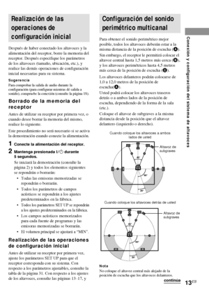 Page 8513ES
Conexión y configuración del sistema de altavoces
Realización de las
operaciones de
configuración inicial
Después de haber conectado los altavoces y la
alimentación del receptor, borre la memoria del
receptor. Después especifique los parámetros
de los altavoces (tamaño, ubicación, etc.), y
realice las demás operaciones de configuración
inicial necesarias para su sistema.
SugerenciaPara comprobar la salida de audio durante la
configuración (para configurar mientras dé salida a
sonido), compruebe la...