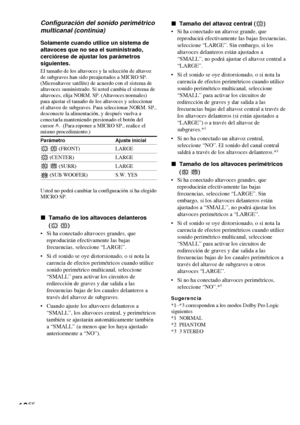 Page 8816ES
Configuración del sonido perimétrico
multicanal (continúa)
Solamente cuando utilice un sistema de
altavoces que no sea el suministrado,
cerciórese de ajustar los parámetros
siguientes.
El tamaño de los altavoces y la selección de altavoz
de subgraves han sido preajustados a MICRO SP.
(Microaltavoz satélite) de acuerdo con el sistema de
altavoces suministrado. Si usted cambia el sistema de
altavoces, elija NORM. SP. (Altavoces normales)
para ajustar el tamaño de los altavoces y seleccionar
el altavoz...