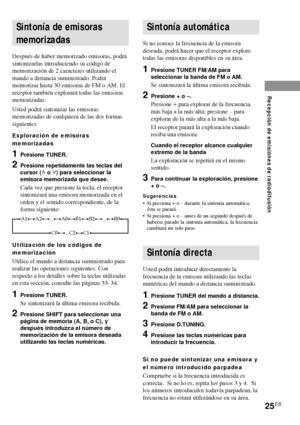 Page 9725ES
Disfrute de sonido perim
étrico
Sintonía de emisoras
memorizadas
Después de haber memorizado emisoras, podrá
sintonizarlas introduciendo su código de
memorización de 2 caracteres utilizando el
mando a distancia suministrado. Podrá
memorizar hasta 30 emisoras de FM o AM. El
receptor también explorará todas las emisoras
memorizadas.
Usted podrá sintonizar las emisoras
memorizadas de cualquiera de las dos formas
siguientes.
Exploración de emisoras
memorizadas
1Presione TUNER.
2Presione repetidamente...