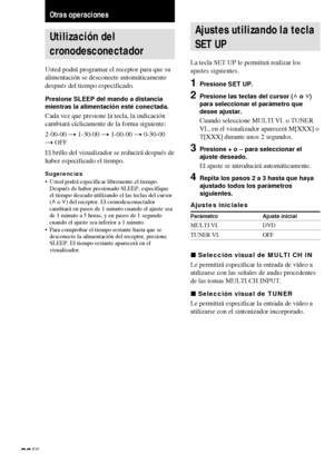 Page 9826ES
Utilización del
cronodesconectador
Usted podrá programar el receptor para que su
alimentación se desconecte automáticamente
después del tiempo especificado.
Presione SLEEP del mando a distancia
mientras la alimentación esté conectada.
Cada vez que presione la tecla, la indicación
cambiará cíclicamente de la forma siguiente:
2-00-00 t 1-30-00 t 1-00-00 t 0-30-00
t OFF
El brillo del visualizador se reducirá después de
haber especificado el tiempo.
Sugerencias•Usted podrá especificar libremente el...