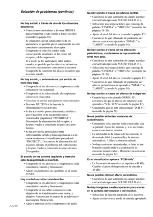 Page 10028ES
No hay sonido a través de uno de los altavoces
delanteros.
•Conecte unos auriculares a la toma PHONES
para comprobar si sale sonido a través de ellos
(consulte la página 18).
Si solamente sale un canal a través de los
auriculares, es posible que el componente no esté
conectado correctamente al receptor.
Compruebe si todos los cables están
correctamente insertados en las tomas del
receptor y del componente.
Si a través de los auriculares salen ambos
canales, es posible que los altavoces delanteros
no...