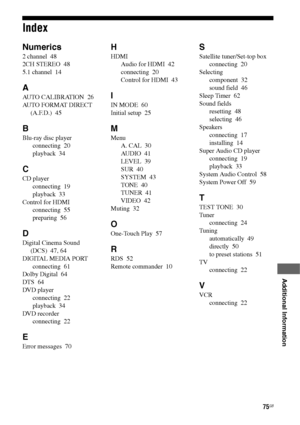 Page 7575GB
 
 
 
 
 
 
 
 
Additional Information
Index
Numerics
2 channel  48
2CH STEREO  48
5.1 channel  14
A
AUTO CALIBRATION  26
AUTO FORMAT DIRECT 
(A.F.D.)  45
B
Blu-ray disc player
connecting  20
playback  34
C
CD player
connecting  19
playback  33
Control for HDMI
connecting  55
preparing  56
D
Digital Cinema Sound 
(DCS)  47, 64
DIGITAL MEDIA PORT
connecting  61
Dolby Digital  64
DTS  64
DVD player
connecting  22
playback  34
DVD recorder
connecting  22
E
Error messages  70
H
HDMI
Audio for HDMI  42...
