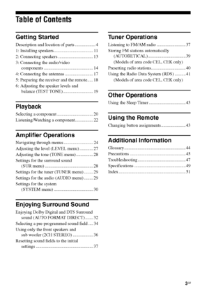 Page 33GB
C:\Documents and Settings\pc13\Desktop\PMRF_HT-
SS500\JC060000_2682472113SS500_GB\2682472113\GB01COV_HT-SS500-CELTOC.fmmasterpage: Right
model name1[HT-SS500] 
2-682-472-11 (3)
Table of Contents
Getting Started
Description and location of parts .................. 4
1: Installing speakers................................... 11
2: Connecting speakers ............................... 13
3: Connecting the audio/video 
components ............................................ 14
4: Connecting the antennas...