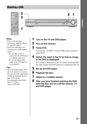 Page 23C:\Documents and Settings\pc13\Desktop\PMRF_HT-
SS500\JC060000_2682472113SS500_GB\2682472113\GB03CON_HT-SS500-CEL.fmmasterpage: R-2
model name1[HT-SS500] 
2-682-472-11 (3)
23GB
Playback
Watching a DVD
MASTER 
VOL UME
?/1PRESET 
TUNINGSOUND FIELD MUTING
123
46
78
0/10ENTER9
SYSTEM STANDBYTV/VIDEO
SLEEPTEST 
TONEAV ?/1VIDEO 1 VIDEO 2 DVD SA-CD/CD
2CH A.F.D.
RETURN/EXIT
TV CH –
PRESET –TV CH +
PRESET +
TUNING –
TVTUNING + REPLAY ADVANCEc STEP C DISPLAYMOVIE MUSIC
MEMORY SHIFT
D.SKIP CLEAR ANGLEAV
MENU TOP...