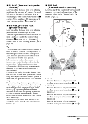 Page 3131GB
C:\Documents and Settings\pc13\Desktop\PMRF_HT-
SS500\JC060000_2682472113SS500_GB\2682472113\GB04AMP_HT-SS500-CEL.fmmasterpage: Right
Amplifier Operations
model name1[HT-SS500] 
2-682-472-11 (3)
xSL DIST. (Surround left speaker 
distance)
Lets you set the distance from your listening 
position to the surround left speaker. Surround 
left speaker distance should be set from a 
distance equal to the front speaker distance (A 
on page 30) to a distance 4.5 meters closer to 
your listening position (C...