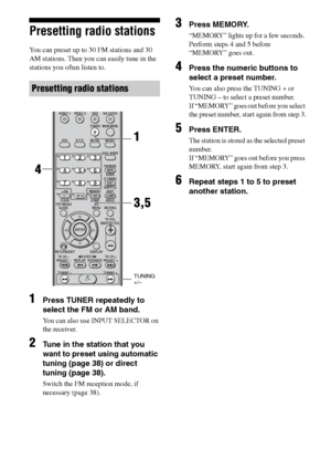 Page 4040GB
C:\Documents and Settings\pc13\Desktop\PMRF_HT-
SS500\JC060000_2682472113SS500_GB\2682472113\GB04AMP_HT-SS500-CEL.fmmasterpage: Left
model name1[HT-SS500] 
2-682-472-11 (3)
Presetting radio stations
You can preset up to 30 FM stations and 30 
AM stations. Then you can easily tune in the 
stations you often listen to.
1Press TUNER repeatedly to 
select the FM or AM band.
You can also use INPUT SELECTOR on 
the receiver.
2Tune in the station that you 
want to preset using automatic 
tuning (page 38)...