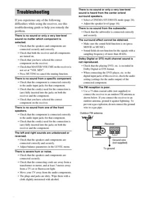 Page 36masterpage:Left lename[E:\SEM_Janet\Revision_SF800M\J9050000_2592136121SF800M_GB\2592136121\GB09ADD_HT-SF800M-CEL.fm]
36GB
model name [HT-SS600/HT-SF800M]
 [2-592-136-12(1)]
If you experience any of the following 
difficulties while using the receiver, use this 
troubleshooting guide to help you remedy the 
problem.
There is no sound or only a very low-level 
sound no matter which component is 
selected.
 Check that the speakers and components are 
connected securely and correctly.
 Check that both the...