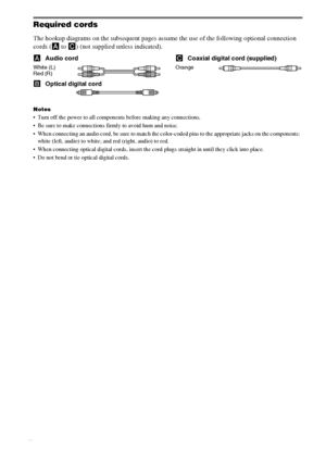 Page 6masterpage:Left lename[E:\SEM_Janet\Revision_SF800M\J9050000_2592136121SF800M_GB\2592136121\GB03CON_HT-SF800M-CEL.fm]
6GB
model name [HT-SS600/HT-SF800M]
 [2-592-136-12(1)]
Required cords
The hookup diagrams on the subsequent pages assume the use of the following optional connection 
cords (A to C) (not supplied unless indicated).
AAudio cord
White (L)
Red (R)
BOptical digital cordCCoaxial digital cord (supplied)
Orange
Notes
 Turn off the power to all components before making any connections.
 Be sure...