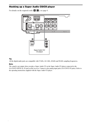 Page 8masterpage:Left lename[E:\SEM_Janet\Revision_SF800M\J9050000_2592136121SF800M_GB\2592136121\GB03CON_HT-SF800M-CEL.fm]
8GB
model name [HT-SS600/HT-SF800M]
 [2-592-136-12(1)]
Hooking up a Super Audio CD/CD player
For details on the required cords (A–C), see page 6.
Tip
All the digital audio jacks are compatible with 32 kHz, 44.1 kHz, 48 kHz and 96 kHz sampling frequencies. 
Note
The sound is not output when you play a Super Audio CD on the Super Audio CD player connected to the 
SA-CD/CD OPTICAL IN jack on...