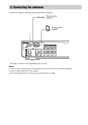 Page 10masterpage:Left lename[E:\SEM_Janet\Revision_SF800M\J9050000_2592136121SF800M_GB\2592136121\GB03CON_HT-SF800M-CEL.fm]
10GB
model name [HT-SS600/HT-SF800M]
 [2-592-136-12(1)]
Connect the supplied AM loop antenna and FM wire antenna.
* The shape of connector varies depending on the area code.
Notes
 To prevent noise pickup, keep the AM loop antenna away from the receiver and other components.
 Be sure to fully extend the FM wire antenna.
 After connecting the FM wire antenna, keep it as horizontal as...