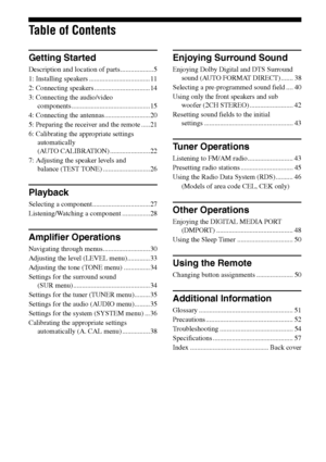 Page 44GB
Table of Contents
Getting Started
Description and location of parts...................5
1: Installing speakers ................................... 11
2: Connecting speakers ................................ 14
3: Connecting the audio/video 
components .............................................15
4: Connecting the antennas.......................... 20
5: Preparing the receiver and the remote .....21
6: Calibrating the appropriate settings 
automatically  
(AUTO CALIBRATION)...