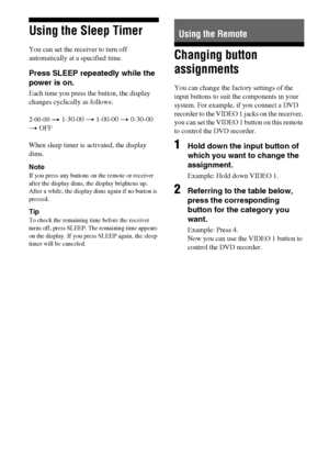 Page 5050GB
Using the Sleep Timer
You can set the receiver to turn off 
automatically at a specified time.
Press SLEEP repeatedly while the 
power is on.
Each time you press the button, the display 
changes cyclically as follows:
2-00-00 t 1-30-00 t 1-00-00 t 0-30-00 
t OFF
When sleep timer is activated, the display 
dims.
Note
If you press any buttons on the remote or receiver 
after the display dims, the display brightens up. 
After a while, the display dims again if no button is 
pressed. 
Tip
To check the...