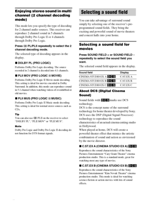 Page 24masterpage:Left lename[E:\SEM_Janet\Revision_HTP-
200\J9040000_2103636121HTP1200CEL\2103636121\GB05SND_HTP-1200-CEL.fm]
24GB
 model name1[HTP-2000]
  model name2[HTP-1200]
[2-103-636-12(1)]
Enjoying stereo sound in multi 
channel (2 channel decoding 
mode)
This mode lets you specify the type of decoding 
for 2 channel audio sources. This receiver can 
reproduce 2 channel sound in 5 channels 
through Dolby Pro Logic II or 4 channels 
through Dolby Pro Logic.
Press ; PL/PLII repeatedly to select the 2...