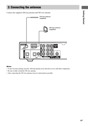 Page 9Getting Started
masterpage:Right lename[E:\SEM_Janet\Revision_HTP-
200\J9040000_2103636121HTP1200CEL\2103636121\GB03CON_HTP-1200-CEL.fm]
9GB
 model name1[HTP-2000]
 model name2[HTP-1200]
[2-103-636-12(1)]
Connect the supplied AM loop antenna and FM wire antenna.
Notes
 To prevent noise pickup, keep the AM loop antenna away from the receiver and other components.
 Be sure to fully extend the FM wire antenna.
 After connecting the FM wire antenna, keep it as horizontal as possible.
2: Connecting the...