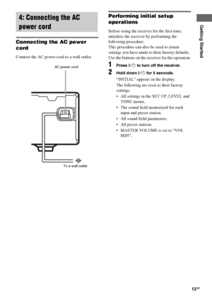 Page 13Getting Started
masterpage:Right lename[E:\SEM_Janet\Revision_HTP-
200\J9040000_2103636121HTP1200CEL\2103636121\GB03CON_HTP-1200-CEL.fm]
13GB
 model name1[HTP-2000]
 model name2[HTP-1200]
[2-103-636-12(1)]
Connecting the AC power 
cord
Connect the AC power cord to a wall outlet.
Performing initial setup 
operations
Before using the receiver for the first time, 
initialize the receiver by performing the 
following procedure.
This procedure can also be used to return 
settings you have made to their...