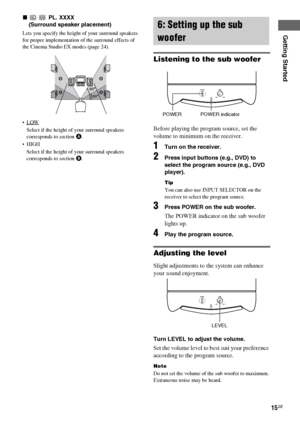 Page 15Getting Started
masterpage:Right lename[E:\SEM_Janet\Revision_HTP-
200\J9040000_2103636121HTP1200CEL\2103636121\GB03CON_HTP-1200-CEL.fm]
15GB
 model name1[HTP-2000]
 model name2[HTP-1200]
[2-103-636-12(1)]
x PL. XXXX 
(Surround speaker placement)
Lets you specify the height of your surround speakers 
for proper implementation of the surround effects of 
the Cinema Studio EX modes (page 24).
LOW
Select if the height of your surround speakers 
corresponds to section A.
HIGH
Select if the height of your...