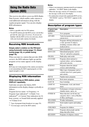 Page 20masterpage:Left lename[E:\SEM_Janet\Revision_HTP-
200\J9040000_2103636121HTP1200CEL\2103636121\GB04BSC_HTP-1200-CEL.fm]
20GB
 model name1[HTP-2000]
  model name2[HTP-1200]
[2-103-636-12(1)]
This receiver also allows you to use RDS (Radio 
Data System), which enables radio stations to 
send additional information along with the 
regular program signal. You can also display 
RDS information.
Notes
 RDS is operable only for FM stations.
 Not all FM stations provide RDS service, nor do they 
provide the...