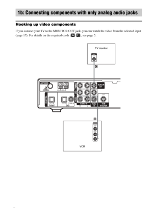 Page 8masterpage:Left lename[E:\SEM_Janet\Revision_HTP-
200\J9040000_2103636121HTP1200CEL\2103636121\GB03CON_HTP-1200-CEL.fm]
8GB
 model name1[HTP-2000]
 model name2[HTP-1200]
[2-103-636-12(1)]
Hooking up video components
If you connect your TV to the MONITOR OUT jack, you can watch the video from the selected input 
(page 17). For details on the required cords (A
–E), see page 5.
1b: Connecting components with only analog audio jacks
AMU
OPT INTV/SAT
DVD VIDEO
AUDIO INDIGITAL
ANTENNA
DVDRLVIDEO 
INSUB
WOOFER...