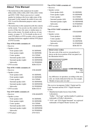Page 3masterpage:Right lename[D:\Sony SEM 
5\Revision_HTR210SS\J9050956_2599618112HTR210SS_GB\9618112\GB02REG_HTR-
10SS-CEL.fm]
model name1[HTR-210SS]
 [2-599-618-11(2)]
3GB
About This Manual
 The instructions in this manual are for model
HTR-210SS, HTR-110SS, HTP-32SS, HTD-710SS 
and HTD-710SF. Check your receiver’s model 
number by looking at the lower right corner of the 
front panel. In this manual, the model of area code 
CEL is used for illustration purposes unless stated 
otherwise.
 The instructions...