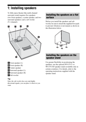 Page 1212GB
F:\Sony SEM HA\Data_36DW\JC06xxx_26823941136DW_GB\2682394111\GB03CON_HTP-
36DW_CEL.fmmasterpage: Left
HTP-36DW
2-682-394-11 (1)
1: Installing speakers
To fully enjoy theater-like multi channel 
surround sound requires five speakers 
(two front speakers, a center speaker, and two 
surround speakers) and a sub woofer 
(5.1 channel). 
AFront speaker (L)
BFront speaker (R)
CCenter speaker
DSurround speaker (L)
ESurround speaker (R)
FSub woofer
Tip
Since the sub woofer does not emit highly 
directional...