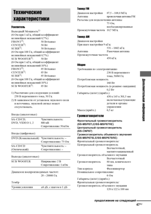 Page 47Дополнительная информация
masterpage:Right lename[E:\SEM_Janet\Data_HTP-
2DWK\J9051124_2587107811HTP82DWK_RU\2587107811\RU09ADD_HTP-82DWK-CEL.fm]
47RU
 model name1[HTP-82DWK]
 [2-587-107-81(1)]
Усилитель
ВыходнаЯ Мощность1)
(6 Ом при 1 кГц, общий коэффициент 
нелинейных искажений 0,7%) 
FRONT2): 50 Вт/каналCENTER2): 50 ВтSURR2): 50 Вт/канал(6 Ом при 100 Гц, общий коэффициент 
нелинейных искажений 0,7%)
SUB WOOFER2): 50 Вт(6 Ом при 1 кГц, общий коэффициент 
нелинейных искажений 10%)
FRONT2): 85...