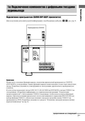 Page 7Начало работы
masterpage:Right lename[E:\SEM_Janet\Data_HTP-
2DWK\J9051124_2587107811HTP82DWK_RU\2587107811\RU03CON_HTP-82DWK-
CEL.fm]
7RU
 model name1[HTP-82DWK]
 [2-587-107-81(1)]
.
Подключение проигрывателя CD/DVD DVP-K82P (прилагается)
Для получения дополнительной информации о необходимых кабелях (A–D) см. стр. 6.
Примечание
Можно петь с помощью функции караоке, подключив прилагаемый проигрыватель CD/DVD
(DVP-K82P) к этому ресиверу. Однако функцию караоке можно выводить только через аналоговые...