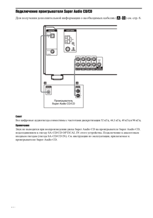 Page 8masterpage:Left lename[E:\SEM_Janet\Data_HTP-
2DWK\J9051124_2587107811HTP82DWK_RU\2587107811\RU03CON_HTP-82DWK-
CEL.fm]
8RU
 model name1[HTP-82DWK]
 [2-587-107-81(1)]
Подключение проигрывателя Super Audio CD/CD
Для получения дополнительной информации о необходимых кабелях (A–D) см. стр. 6.
Совет
Все цифровые аудиогнезда совместимы с частотами дискретизации 32 кГц, 44,1 кГц, 48 кГц и 96 кГц. 
Примечание
Звук не выводится при воспроизведении диска Super Audio CD на проигрывателе Super Audio CD,...