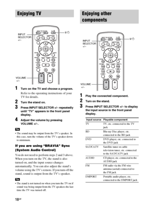 Page 1818GB
1Turn on the TV and choose a program. 
Refer to the operating instructions of your 
TV for details.
2Turn the stand on.
3Press INPUT SELECTOR +/– repeatedly 
until “TV” appears in the front panel 
display.
4Adjust the volume by pressing 
VOLUME +/–.
 The sound may be output from the TV’s speaker. In 
this case, turn the volume of the TV’s speaker down 
to minimum.
If you are using “BRAVIA” Sync 
(System Audio Control)
You do not need to perform steps 2 and 3 above. 
When you turn on the TV, the...