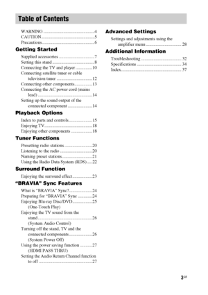 Page 33GB
WARNING ..............................................4
CAUTION................................................5
Precautions ...............................................6
Getting Started
Supplied accessories ................................7
Setting this stand ......................................8
Connecting the TV and player ...............10
Connecting satellite tuner or cable 
television tuner ................................12
Connecting other components................13
Connecting the AC...