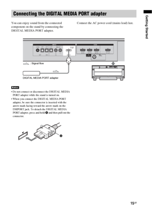 Page 1515GB
Getting Started
You can enjoy sound from the connected 
component on the stand by connecting the 
DIGITAL MEDIA PORT adapter.Connect the AC power cord (mains lead) last.
 Do not connect or disconnect the DIGITAL MEDIA 
PORT adapter while the stand is turned on.
 When you connect the DIGITAL MEDIA PORT 
adapter, be sure the connector is inserted with the 
arrow mark facing toward the arrow mark on the 
DMPORT jack. To detach the DIGITAL MEDIA 
PORT adapter, press and hold 
A and then pull out the...
