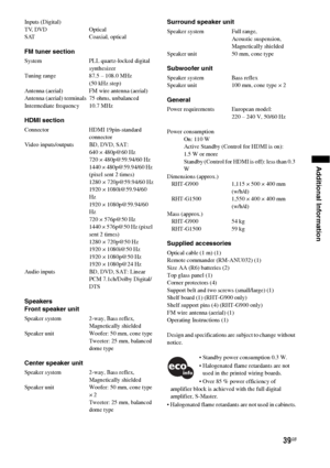 Page 3939GB
Additional Information
Inputs (Digital)
TV, DVD Optical
SAT Coaxial, optical
FM tuner section
System PLL quartz-locked digital 
synthesizer
Tuning range 87.5 – 108.0 MHz
(50 kHz step)
Antenna (aerial) FM wire antenna (aerial)
Antenna (aerial) terminals 75 ohms, unbalanced
Intermediate frequency 10.7 MHz
HDMI section
Connector HDMI 19pin-standard 
connector
Video inputs/outputs BD, DVD, SAT: 
640 × 480p@60 Hz
720 × 480p@59.94/60 Hz
1440 × 480p@59.94/60 Hz 
(pixel sent 2 times)
1280 × 720p@59.94/60...