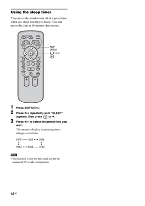 Page 4040GB
Using the sleep timer
You can set the stand to turn off at a preset time 
when you sleep listening to music. You can 
preset the time in 10 minutes decrements.
1Press AMP MENU.
2Press X/x repeatedly until “SLEEP” 
appears, then press   or c.
3Press X/x to select the preset time you 
want.
The minutes display (remaining time) 
changes as follows:
 This function is only for this stand, not for the 
connected TV or other components.
Note
VOLUME
MUTING TUNING
-
PRESET-NIGHT DISPLAYCENTER SUBWOOFER INPUT...