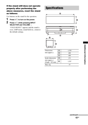 Page 4343GB
Additional Information
If the stand still does not operate 
properly after performing the 
above measures, reset the stand 
as follows:
Use buttons on the stand for the operation.
1Press ?/1 to turn on the power.
2Press ?/1 while pressing INPUT 
SELECTOR and VOLUME –.
“COLD RESET” appears and the stand is 
reset. AMP menu, sound field etc., return to 
the default settings.
Specifications
Dimensions: 
mm (approx.)A1,550
B400
C400
Inside dimension: 
mm (approx.)
(Depth : 365 mm)D131
E1,367
Mass: kg...