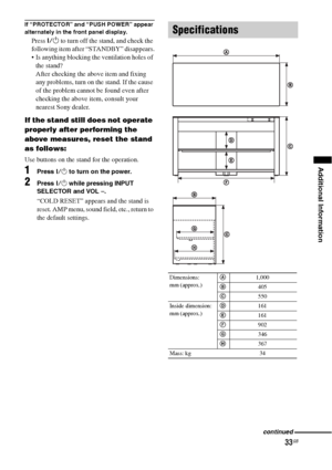 Page 3333GB
Additional Information
If “PROTECTOR” and “PUSH POWER” appear 
alternately in the front panel display.
Press ?/1 to turn off the stand, and check the 
following item after “STANDBY” disappears.
 Is anything blocking the ventilation holes of 
the stand?
After checking the above item and fixing 
any problems, turn on the stand. If the cause 
of the problem cannot be found even after 
checking the above item, consult your 
nearest Sony dealer.
If the stand still does not operate 
properly after...