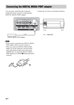 Page 1414GB
You can enjoy sound from the connected 
component on the system by connecting the 
DIGITAL MEDIA PORT adapter.Connect the AC power cord (mains lead) last.
 Do not connect or disconnect the DIGITAL MEDIA 
PORT adapter while the system is turned on.
 When you connect the DIGITAL MEDIA PORT 
adapter, be sure the connector is inserted with the 
arrow mark facing toward the arrow mark on the 
DMPORT jack. To detach the DIGITAL MEDIA 
PORT adapter, press and hold 
A and then pull out the 
connector....