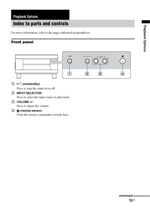 Page 1515GB
Playback Options
For more information, refer to the pages indicated in parentheses.
Front panel
A?/1 (on/standby)
Press to turn the stand on or off.
BINPUT SELECTOR
Press to select the input source to play back.
CVOLUME +/–
Press to adjust the volume.
D (remote sensor)
Point the remote commander towards here.
Playback Options
Index to parts and controls
INPUT SELECTORVOLUME-+
INPUT SELECTORVOLUME-+
continued
 