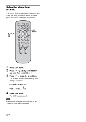 Page 3232GB
Using the sleep timer 
(SLEEP)
You can set the system to turn off at a preset time 
when you sleep listening to music. You can 
preset the time in 10 minutes decrements.
1Press AMP MENU.
2Press x/X repeatedly until “SLEEP” 
appears, then press   or c.
3Press x/X to select the preset time.
The minutes display (the remaining time) 
changes as follows:
4Press AMP MENU.
The AMP menu turns off.
 This function is only for this system, not for the 
connected TV or other components.
Note
VOLUME
MUTINGALBUM...