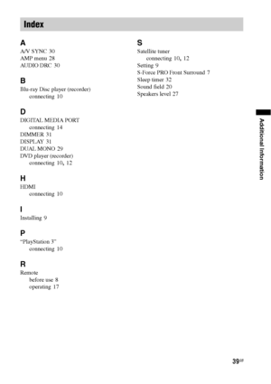 Page 3939GB
Additional Information
A
A/V SYNC 30
AMP menu
 28
AUDIO DRC
 30
B
Blu-ray Disc player (recorder)
connecting
 10
D
DIGITAL MEDIA PORT
connecting
 14
DIMMER
 31
DISPLAY
 31
DUAL MONO
 29
DVD player (recorder)
connecting
 10, 12
H
HDMI
connecting
 10
I
Installing 9
P
“PlayStation 3”
connecting
 10
R
Remote
before use
 8
operating
 17
S
Satellite tuner
connecting
 10, 12
Setting
 9
S-Force PRO Front Surround
 7
Sleep timer
 32
Sound field
 20
Speakers level
 27
Index
 