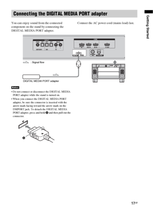 Page 1717GB
Getting Started
You can enjoy sound from the connected 
component on the stand by connecting the 
DIGITAL MEDIA PORT adapter.Connect the AC power cord (mains lead) last.
 Do not connect or disconnect the DIGITAL MEDIA 
PORT adapter while the stand is turned on.
 When you connect the DIGITAL MEDIA PORT 
adapter, be sure the connector is inserted with the 
arrow mark facing toward the arrow mark on the 
DMPORT jack. To detach the DIGITAL MEDIA 
PORT adapter, press and hold 
A and then pull out the...