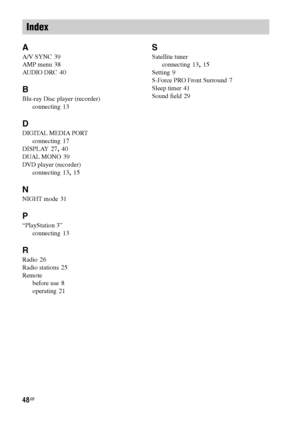 Page 4848GB
A
A/V SYNC 39
AMP menu
 38
AUDIO DRC
 40
B
Blu-ray Disc player (recorder)
connecting
 13
D
DIGITAL MEDIA PORT
connecting
 17
DISPLAY
 27, 40
DUAL MONO
 39
DVD player (recorder)
connecting
 13, 15
N
NIGHT mode 31
P
“PlayStation 3”
connecting
 13
R
Radio 26
Radio stations
 25
Remote
before use
 8
operating
 21
S
Satellite tuner
connecting
 13, 15
Setting
 9
S-Force PRO Front Surround
 7
Sleep timer
 41
Sound field
 29
Index
 