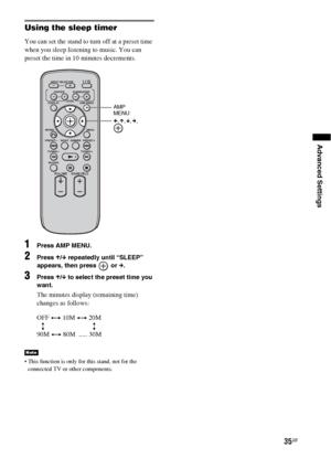 Page 3535GB
Advanced Settings
Using the sleep timer
You can set the stand to turn off at a preset time 
when you sleep listening to music. You can 
preset the time in 10 minutes decrements.
1Press AMP MENU.
2Press X/x repeatedly until “SLEEP” 
appears, then press   or c.
3Press X/x to select the preset time you 
want.
The minutes display (remaining time) 
changes as follows:
 This function is only for this stand, not for the 
connected TV or other components.
Note
VOLUME
MUTING TUNING
-
PRESET-NIGHT...