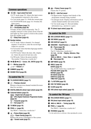 Page 12
12 GB
1/  – Input select/Text hold
 In TV mode (page 25): Selects the input source  from equipment connected to the system.
 In Text mode (page 21): Holds the current page.
 In TV/DVD/FM mode (page 10): Switches the  input source.
 – Lift up/down (page 71)
" /1  – On/standby (page 20)
Switches off the system temporarily. The  1 
(standby) indicator on the system (front of the lift 
unit) lights up. Press again to switch on the system 
from the standby mode.  – Sleep timer (page 42)
3 Number...