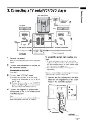 Page 15
Getting Started
15 GB
3: Connecting a TV aerial/VCR/DVD player
1Remove the covers.
When all connections have been made, replace the 
covers.
2Connect your aerial to the   socket on 
the rear of the system.
If connecting to an aerial only
Go to step 4.
3Connect your VCR/DVD player.
1Connect the   socket on the rear of the 
system to the input socket on your VCR with 
the RF lead.
2 Connect the scart socket on your VCR/DVD 
player to the  / 1 or 2 scart socket on 
the rear of the system with a scart...