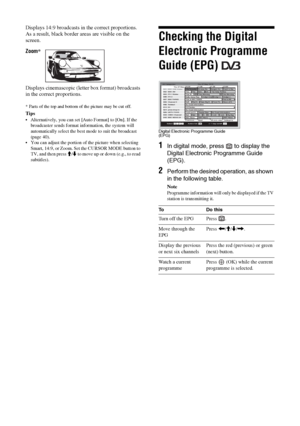 Page 2222 GB
Displays 14:9 broadcasts in the correct proportions. 
As a result, black border areas are visible on the 
screen.
Displays cinemascopic (letter box format) broadcasts 
in the correct proportions.
* Parts of the top and bottom of the picture may be cut off.
Tips
 Alternatively, you can set [Auto Format] to [On]. If the 
broadcaster sends format information, the system will 
automatically select the best mode to suit the broadcast 
(page 40).
 You can adjust the portion of the picture when...