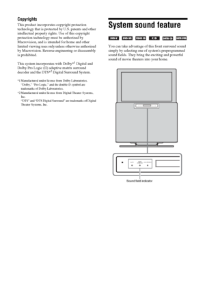 Page 2828 GB
Copyrights
This product incorporates copyright protection 
technology that is protected by U.S. patents and other 
intellectual property rights. Use of this copyright 
protection technology must be authorized by 
Macrovision, and is intended for home and other 
limited viewing uses only unless otherwise authorized 
by Macrovision. Reverse engineering or disassembly 
is prohibited.
This system incorporates with Dolby*
1 Digital and 
Dolby Pro Logic (II) adaptive matrix surround 
decoder and the...