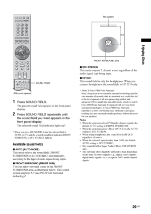 Page 29Enjoying Discs
29 GB
1Press SOUND FIELD.
The present sound field appears in the front panel 
display.
2Press SOUND FIELD repeatedly until 
the sound field you want appears in the 
front panel display. 
The selected sound field indicator lights up*.
* When you press SOUND FIELD and the selected field is 
AUTO, AUTO and the selected sound field indicator (FRONT 
SURROUND or 2CH STEREO) light up.
Available sound fields
xAUTO (AUTO MODE)
This mode selects the sound field (FRONT 
SURROUND or 2CH STEREO)...