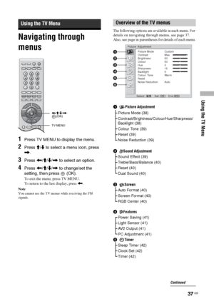 Page 37Using the TV Menu
37 GB
Navigating through 
menus
1Press TV MENU to display the menu.
2Press M/m to select a menu icon, press 
,.
3Press 