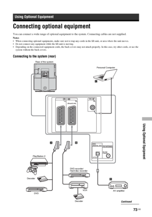 Page 73Using Optional Equipment
73 GB
Connecting optional equipment
You can connect a wide range of optional equipment to the system. Connecting cables are not supplied.
Notes
 When connecting optional equipments, make sure not to trap any cords in the lift unit, or area where the unit moves.
 Do not connect any equipment while the lift unit is moving.
 Depending on the connected equipment cords, the back covers may not attach properly. In this case, try other cords, or use the 
system without the back...