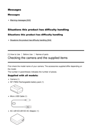 Page 16Messages
Messages
Warning messages [303]
Situations this product has difficulty handling
Situations this product has difficulty handling
Situations this product has difficulty handling [304]
[1] How  to Use
Before  UseNames of parts
Checking the camera and the supplied items
First  check the model name  of your  camera. The accessories supplied differ depending on
the model.  
The number in parentheses  indicates  the number of pieces.
Supplied with all models:
Camera (1)
NP-FW50  Rechargeable battery...